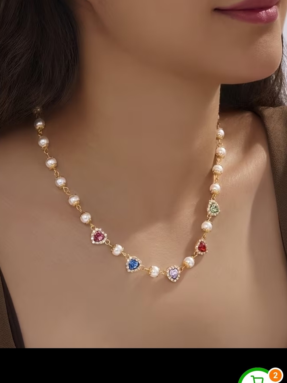 Gold Pearl Necklace with Multicolor Heart Gem Accents